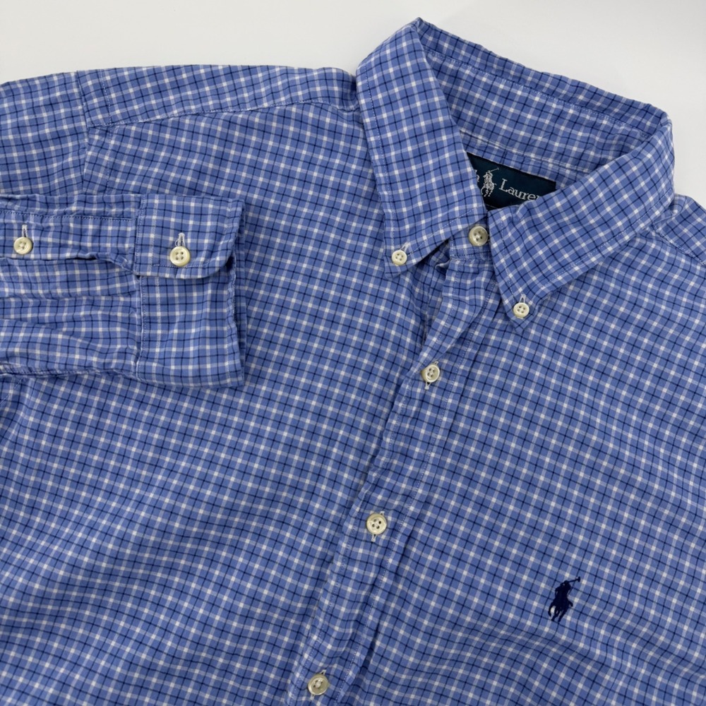 Ralph Lauren Button Down Shirt Mens 16 34/35 Blue White Check Classic Fit Cotton